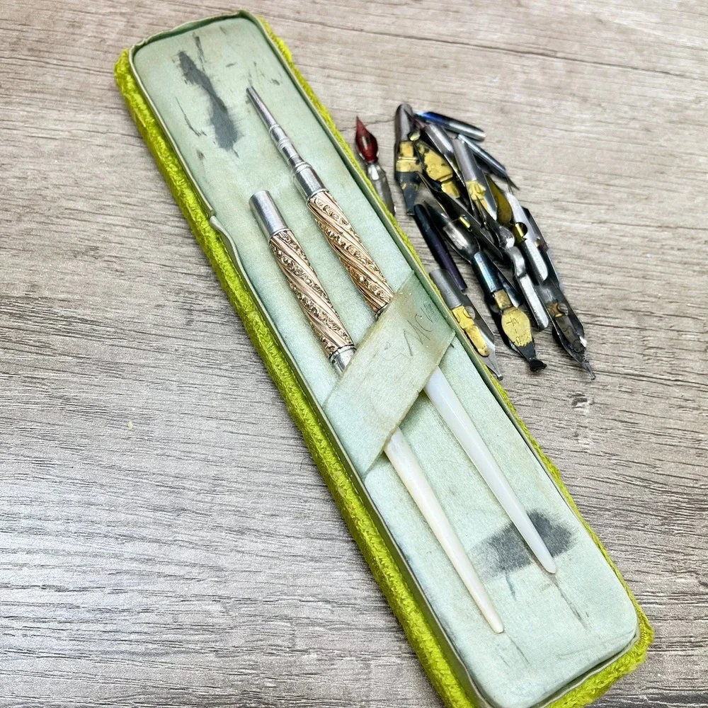 Mabie Todd & Co Sterling Silver Mother of Pearl Dip Pen Set Vintage Nibs Case